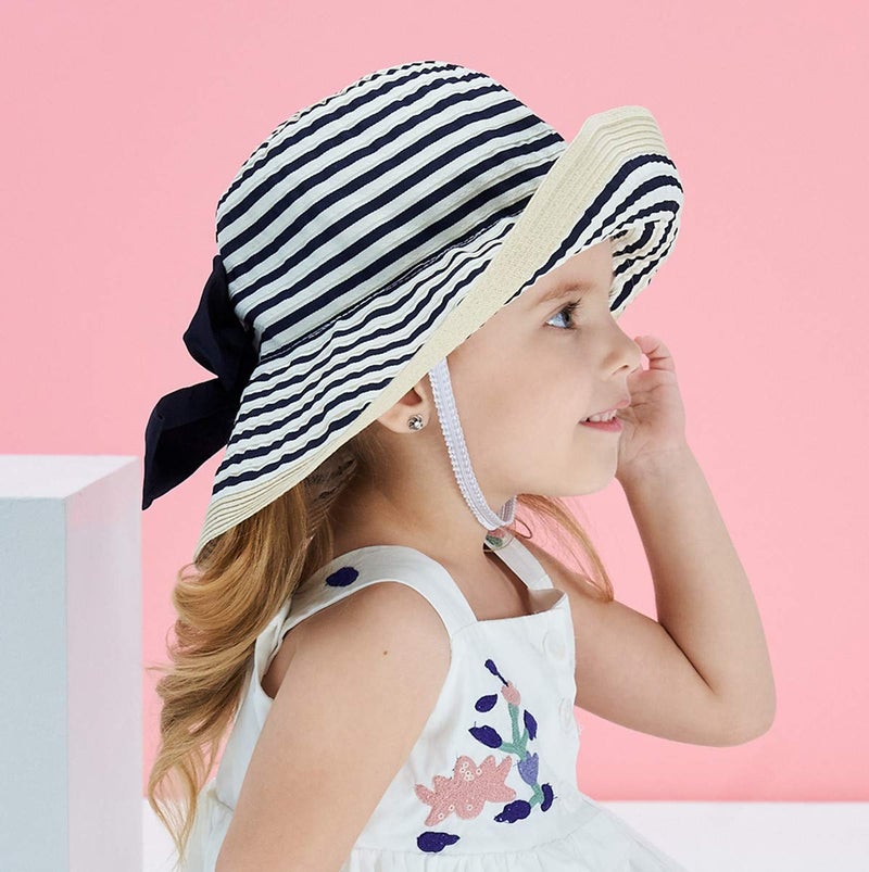 Connectyle Kids Summer Straw Hat Foldable Wide Brim Beach Travel Bowknot Hat for Girls L Navy Blue - Image 2